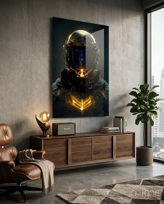 Golden neon astronaut helmet glass art displayed above wooden credenza in modern living room with leather chair and potted plant.