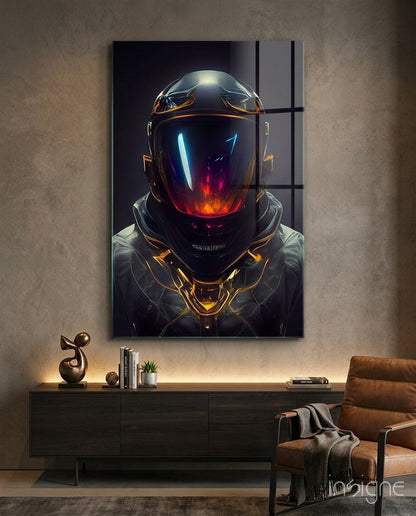 Crimson Visor Glowing Space Helmet Glass Wall Art