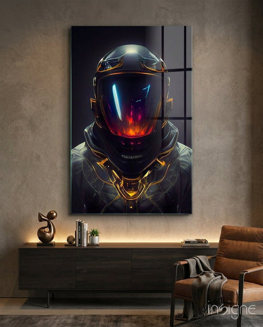 Futuristic space helmet with glowing red and blue visor displayed on wall above dark wooden console in modern interior setting.
