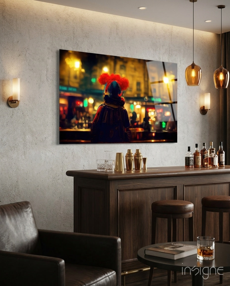 Illuminated glass art print displayed above a wooden bar counter showing a child with red hair viewed from behind in a nighttime cityscape.