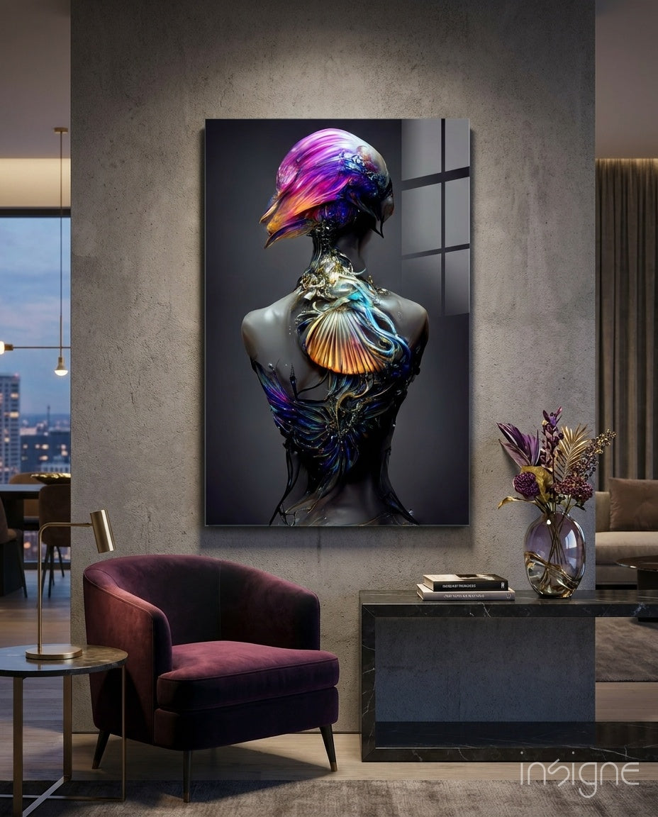 Vertical glass art sculpture displayed in modern interior, featuring abstracted bird head in iridescent purple, gold, and blue with shell-like chest detail against dark background.