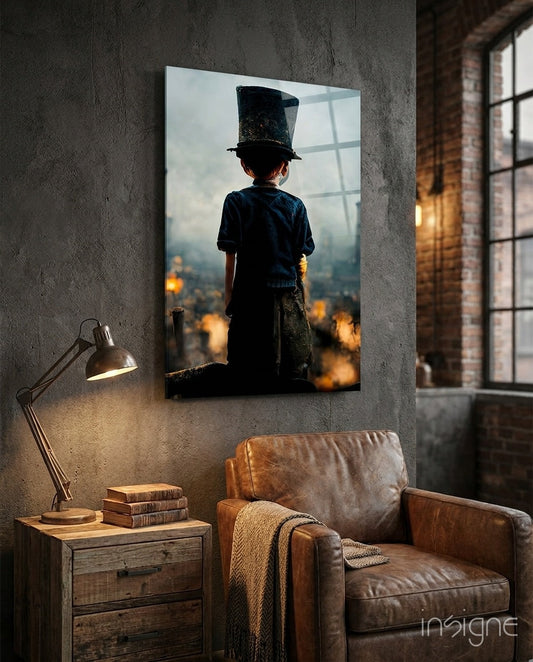 Glass art print displayed on concrete wall above leather chair, showing child in top hat overlooking burning cityscape at sunset.