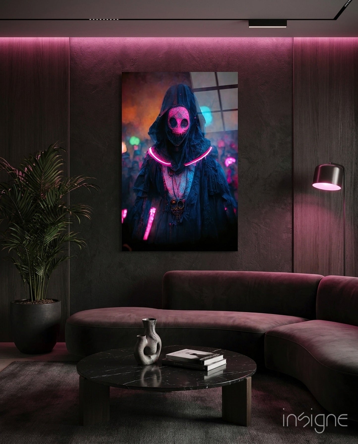 Pink Neon Masked Hooded Figure Glass Wall Art