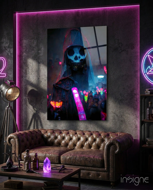 Neon skull mask artwork displayed on magenta-framed wall above leather sofa in cyberpunk-styled room setting.