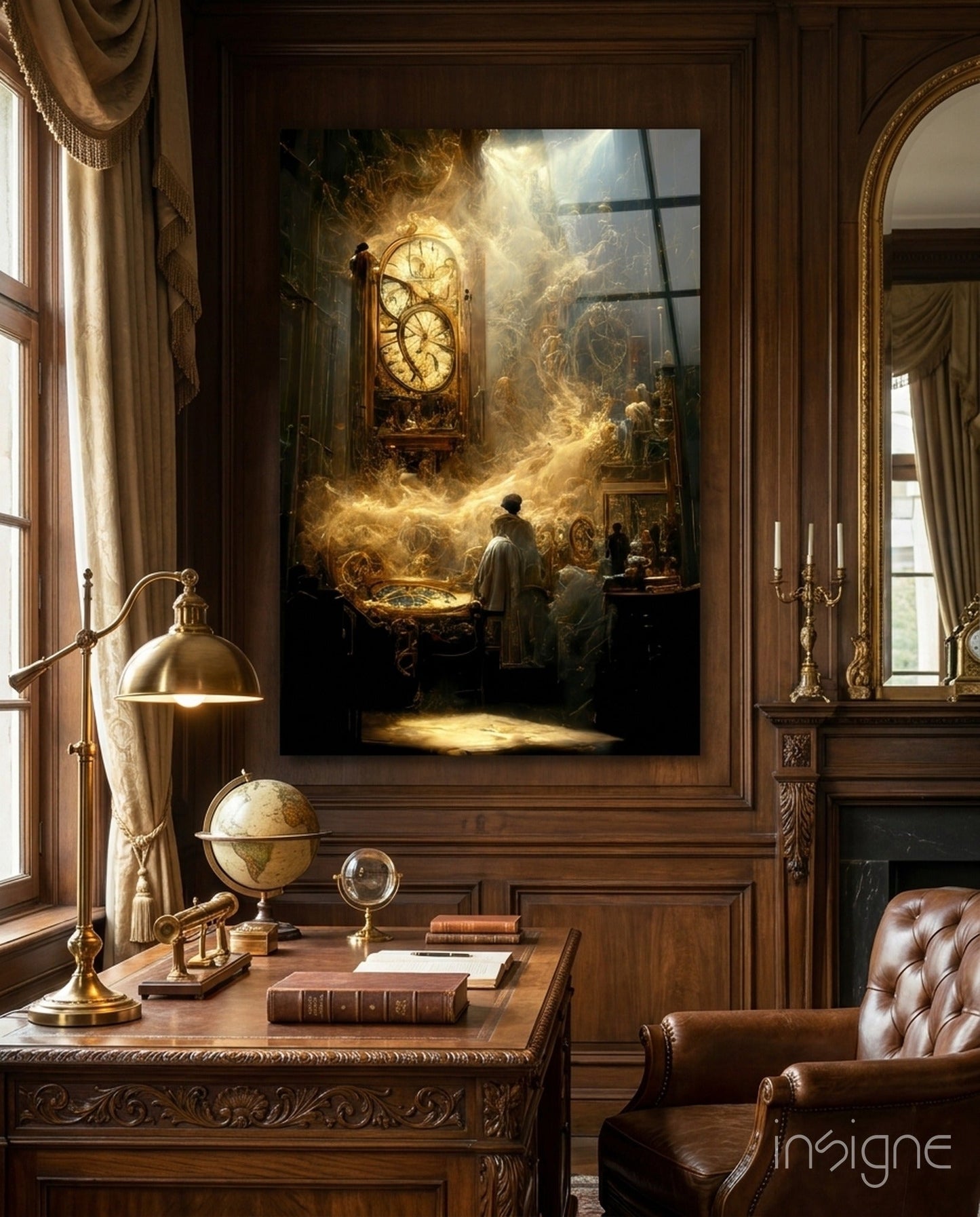 Steampunk-style glass art featuring illuminated brass gears and clock faces displayed in a luxurious wood-paneled study with leather furnishings.
