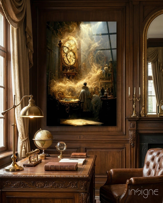 Steampunk-style glass art featuring illuminated brass gears and clock faces displayed in a luxurious wood-paneled study with leather furnishings.