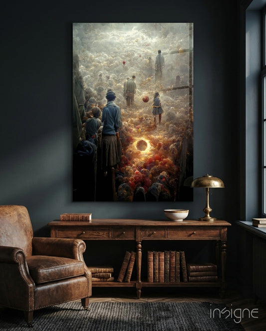 Surreal glass art depicting figures in golden clouds with glowing orbs, displayed above wooden desk in dark study room.