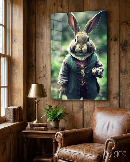 Framed glass artwork of a dressed rabbit hanging on wood paneling above a leather wingback chair and side table with lamp.