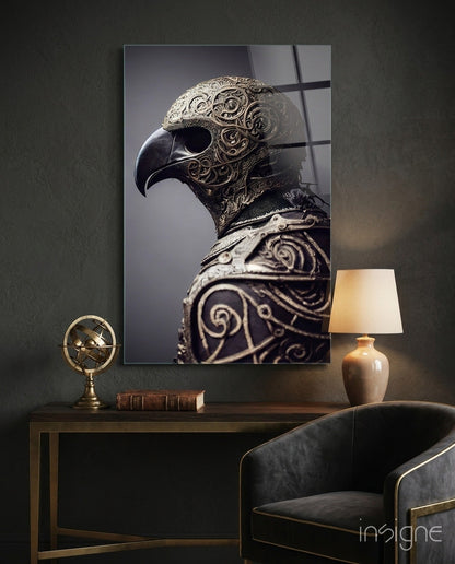 Ornate metallic eagle head sculpture displayed on dark wood console table beside brass globe, ceramic lamp, and leather chair in styled interior setting.