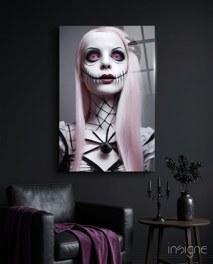 Glass wall art print depicting a pale-faced figure with pink eyes and stitched mouth, displayed above a black leather chair with purple fabric.