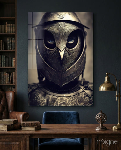 Ornate owl-headed knight helmet with intricate metalwork displayed on dark teal wall above wooden desk with brass lamp and leather chair.