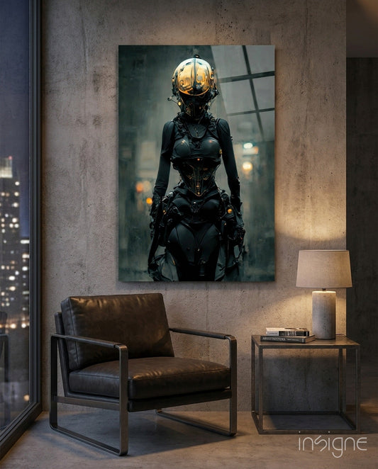 Futuristic female cyborg figure with golden helmet displayed as glass wall art above leather chair in modern loft interior.