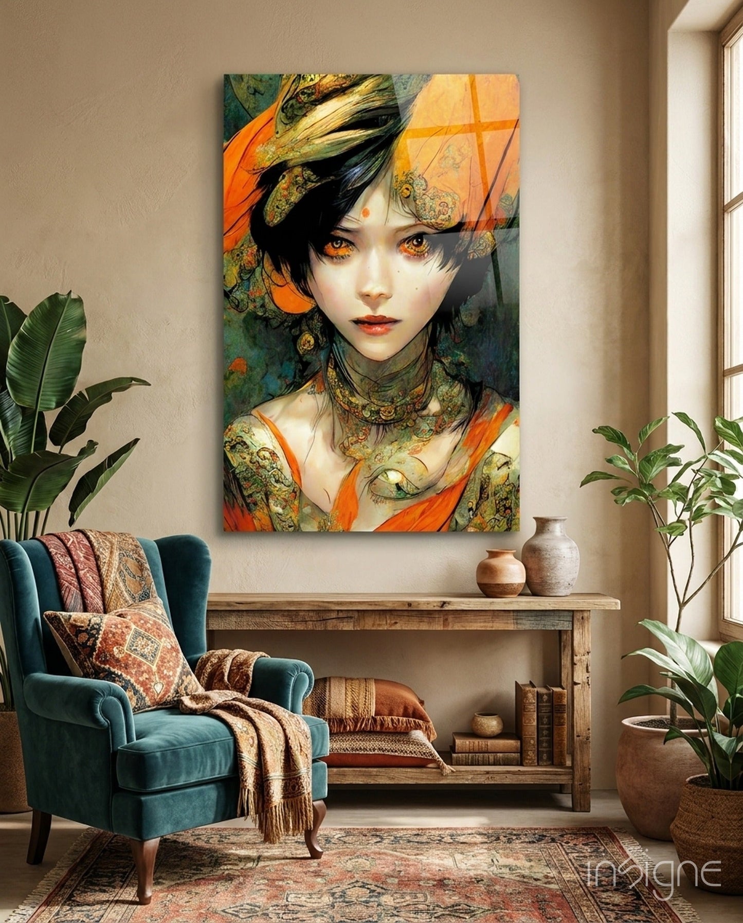 Glass wall art depicting an illustrated woman with black hair, golden eyes, and ornate gold and orange patterned clothing displayed above a wooden shelf in a styled interior.