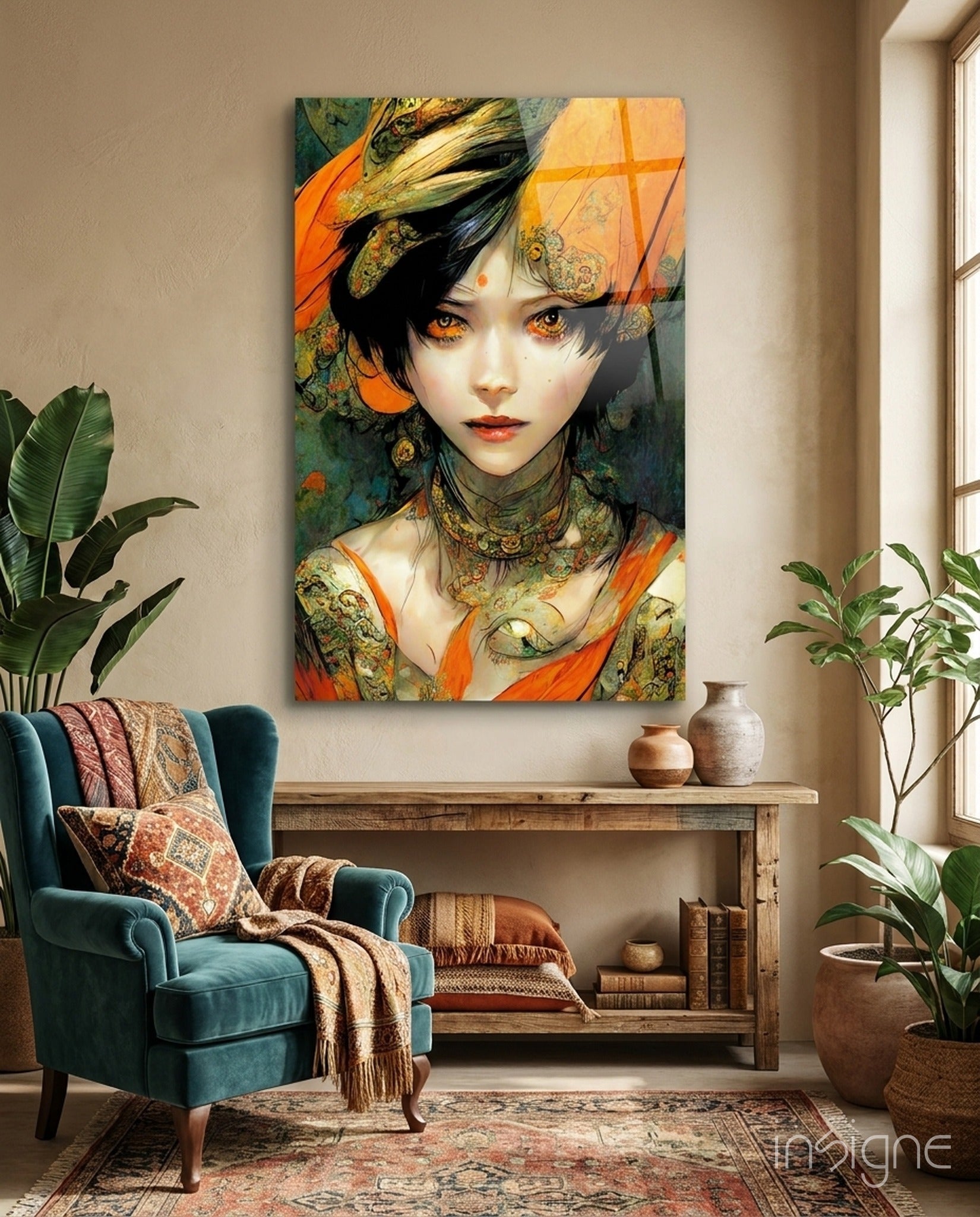 Glass wall art depicting an illustrated woman with black hair, golden eyes, and ornate gold and orange patterned clothing displayed above a wooden shelf in a styled interior.