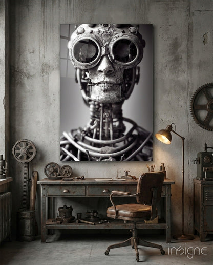 Steampunk skull with large circular goggles mounted on industrial workspace wall above metal desk and leather chair.