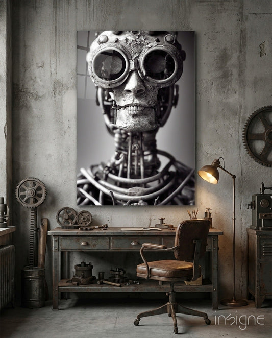 Steampunk skull with large circular goggles mounted on industrial workspace wall above metal desk and leather chair.