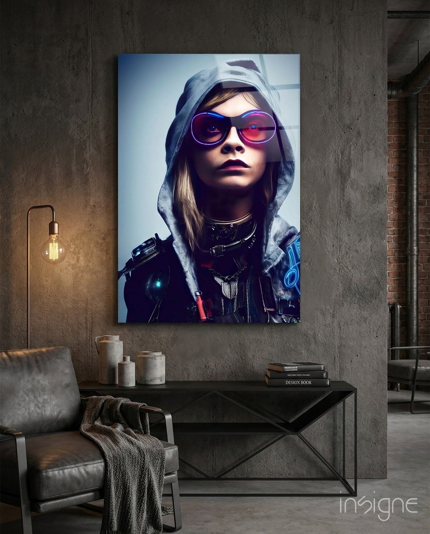 Modern living room with futuristic portrait of woman wearing neon sunglasses and hood on glass wall art above console table.