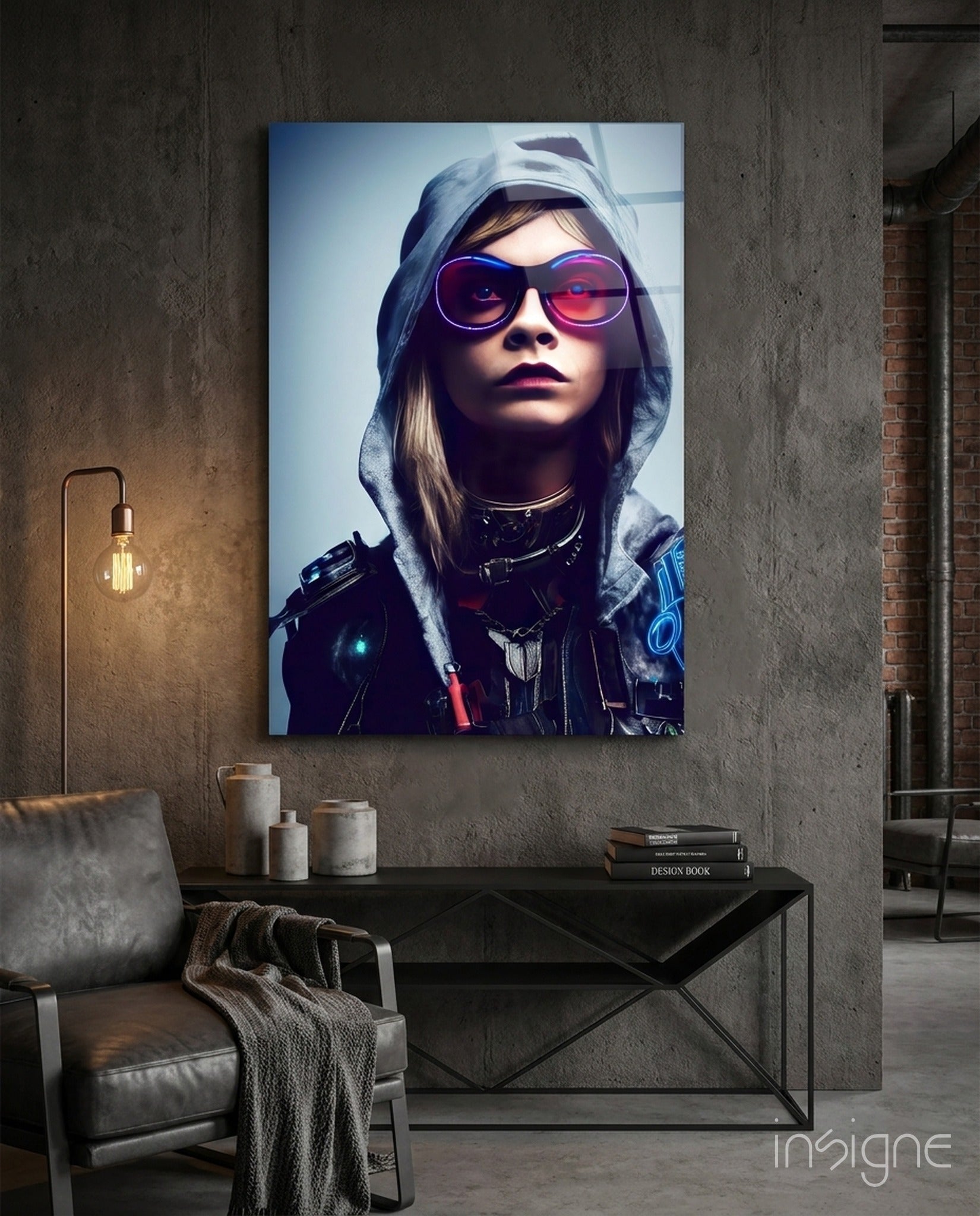 Modern living room with futuristic portrait of woman wearing neon sunglasses and hood on glass wall art above console table.
