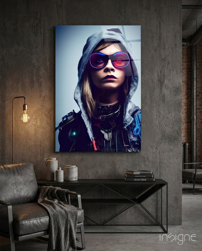 Modern living room with futuristic portrait of woman wearing neon sunglasses and hood on glass wall art above console table.