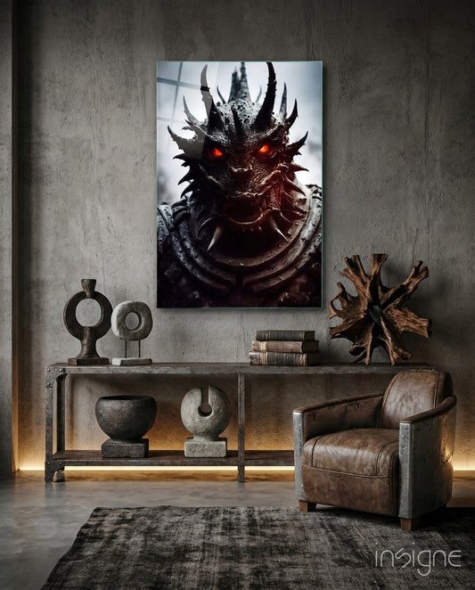 Dark spiky-horned demon head with glowing red eyes displayed on concrete wall above industrial metal console table with sculptural objects.
