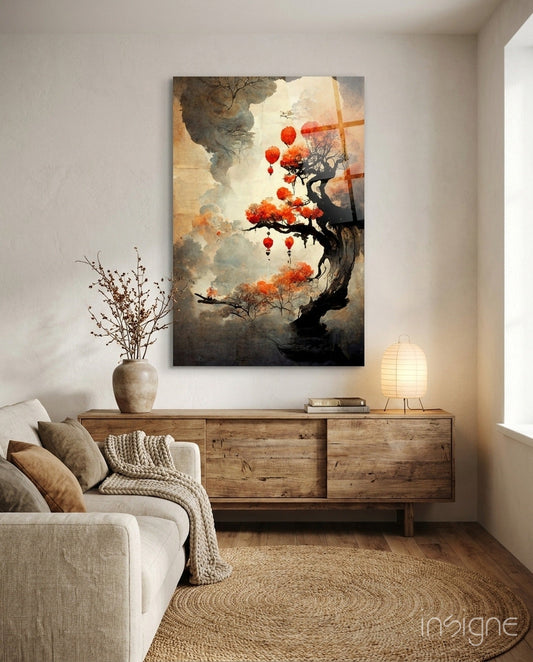 Glass art print hanging above wooden dresser in warm-toned living room with beige sofa and natural décor.