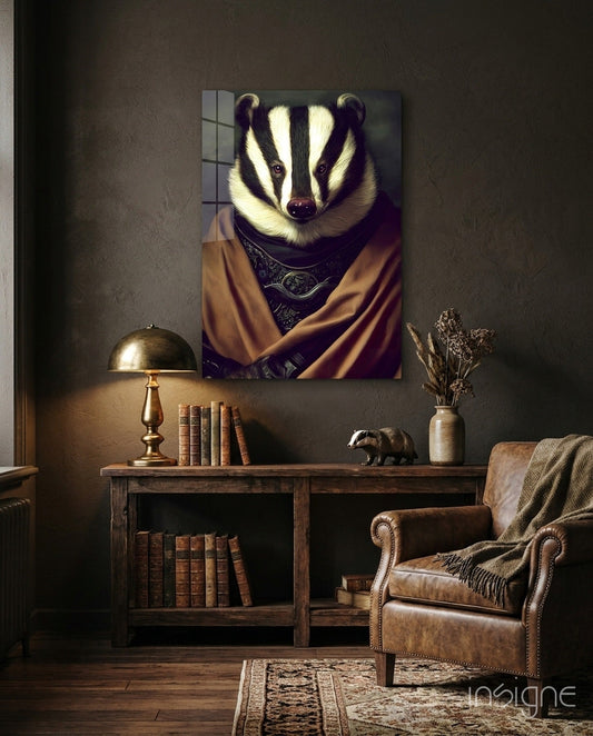 Badger Glass Wall Art hung above a wooden desk in a styled study room with leather chair, lamp, and vintage books.