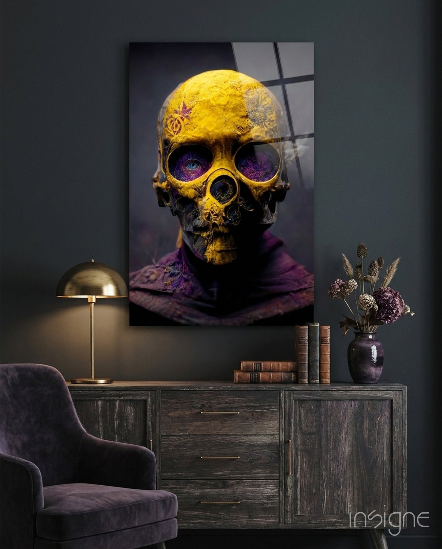 Yellow Skull In Purple Hooded Robe Glass Wall Art