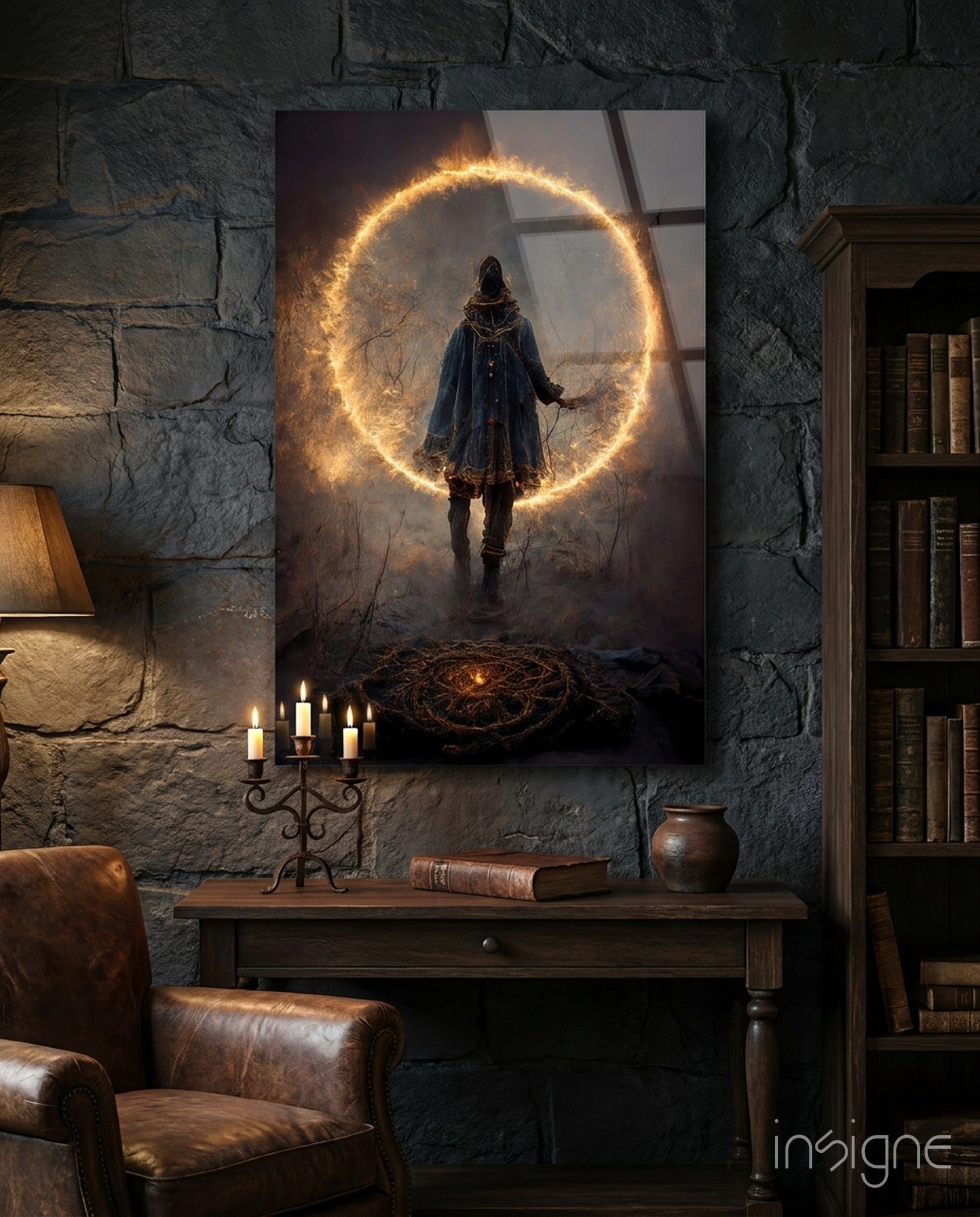 Glowing circular glass art depicting a cloaked figure standing before a fiery ring on a dark stone wall, displayed above a wooden desk in a library setting.