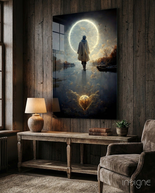 Framed glass wall art depicting a solitary figure standing before a large glowing moon above a misty landscape, displayed in a rustic wooden interior.