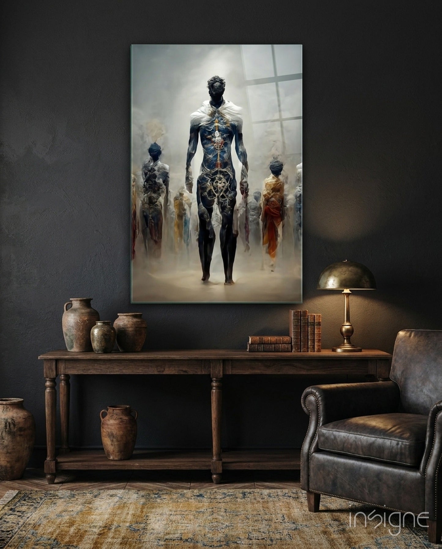 Misty Blue Ethereal Walking Figures Glass Wall Art