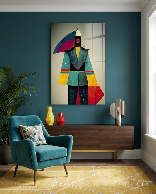 Colorful geometric glass art figure with blue, red, yellow, and teal segments displayed above a wooden dresser in a teal room.