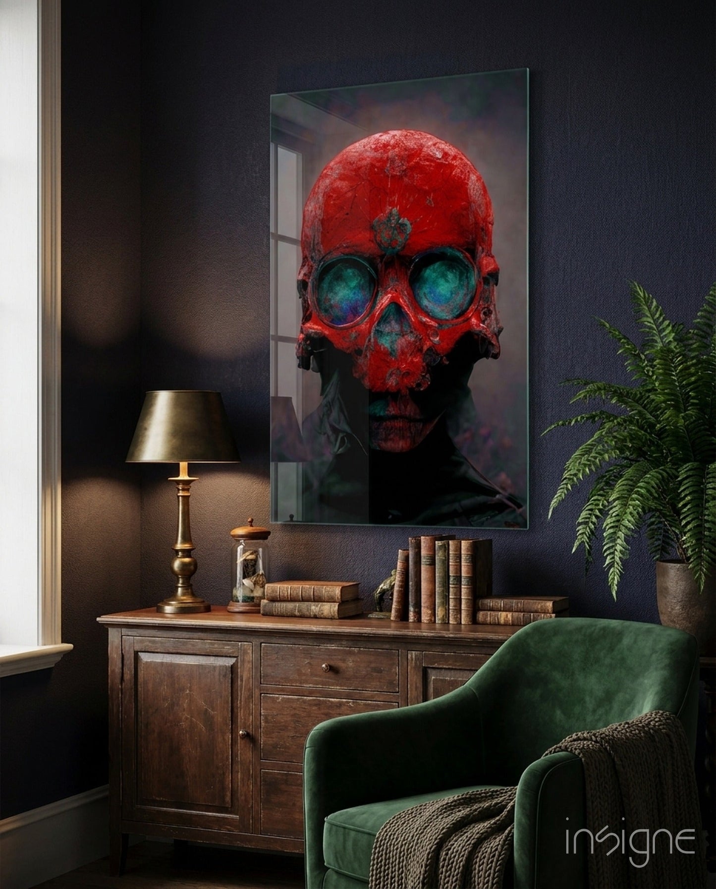 Red Skull With Teal Eye Sockets Glass Wall Art