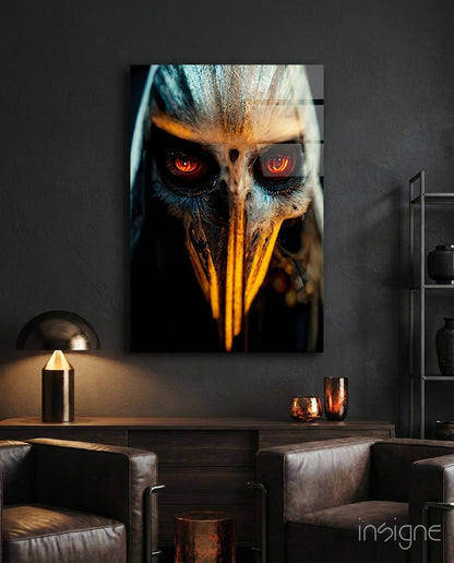 Mystical owl artwork with glowing red eyes and golden beak displayed above a dark wooden console table with leather chairs below.