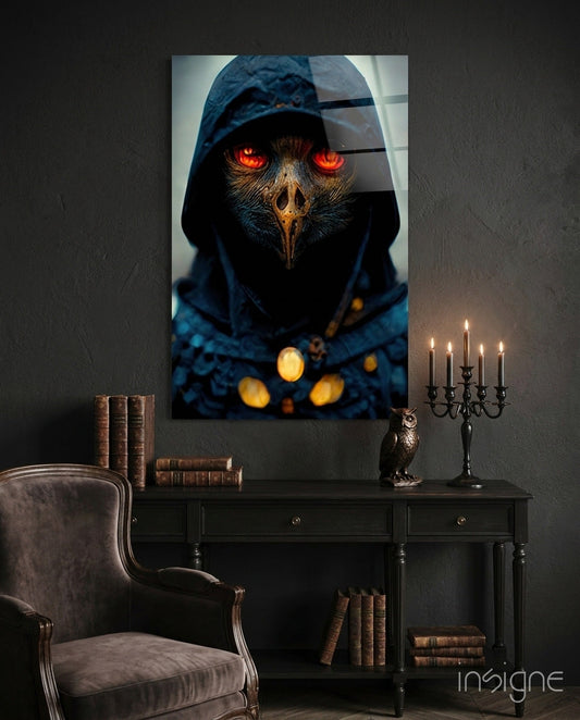 Mystical hooded owl figure with glowing red eyes and gold accents displayed on black desk with leather chair and candelabra.