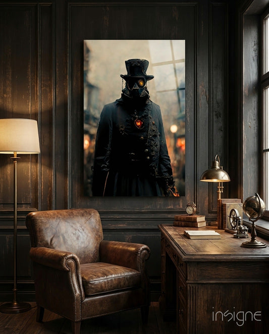 Steampunk figure in black coat and top hat with glowing eyes displayed on wall above leather chair in dark wood study.