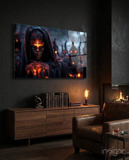 Hooded Figure Fiery Emblem Glass Wall Art
