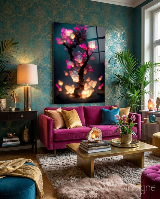 Luminous Pink Crystal Tree glass wall art displayed above a magenta sofa in a teal damask-wallpapered living room with gold and brass accents.