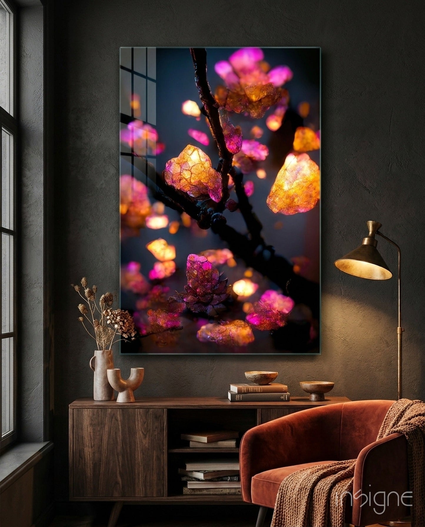 Glowing Amber Crystal Blossom Branch Glass Wall Art