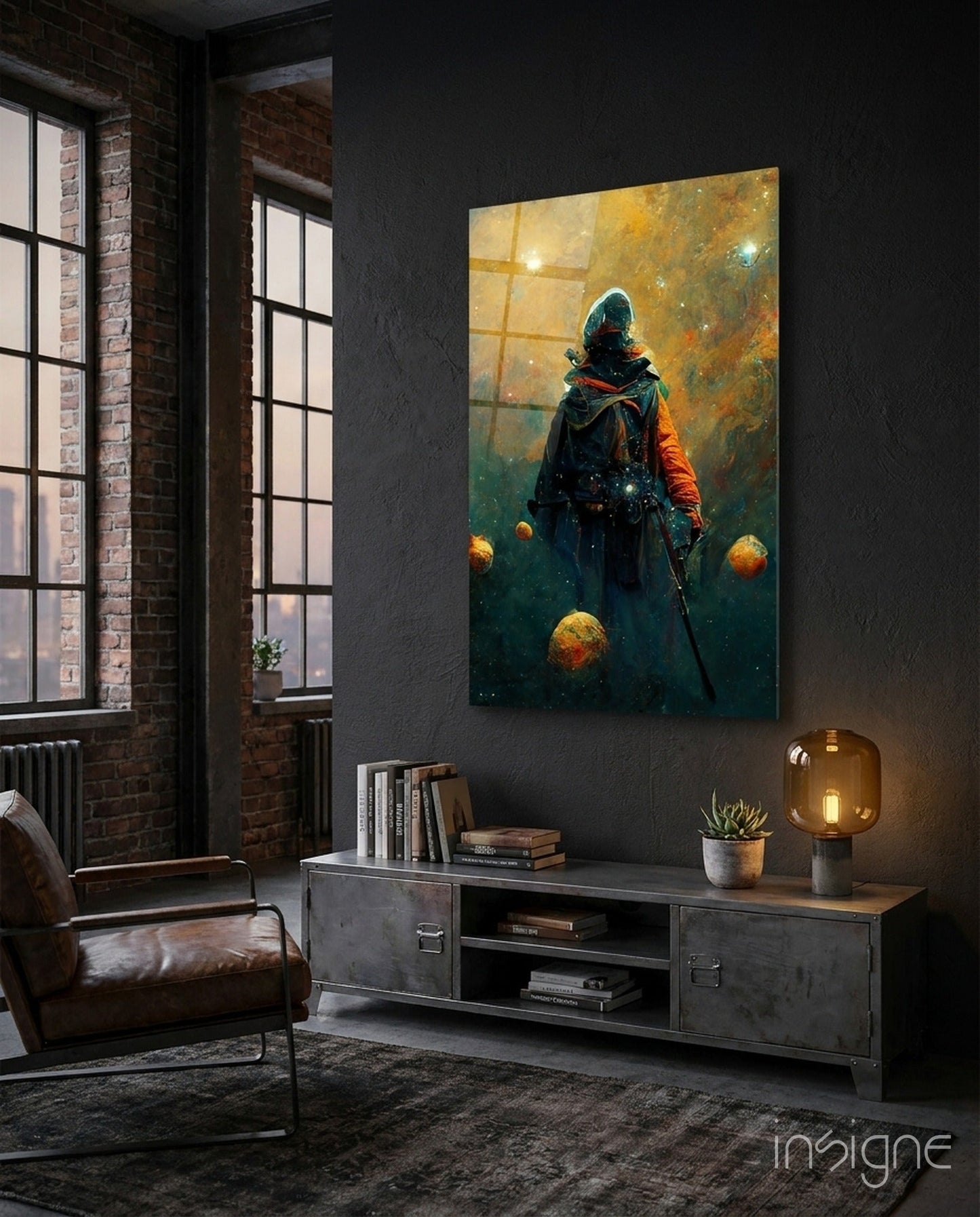 Contemporary loft interior featuring "To the Freedom" glass wall art depicting a hooded figure with floating spheres against golden and teal atmospheric background.