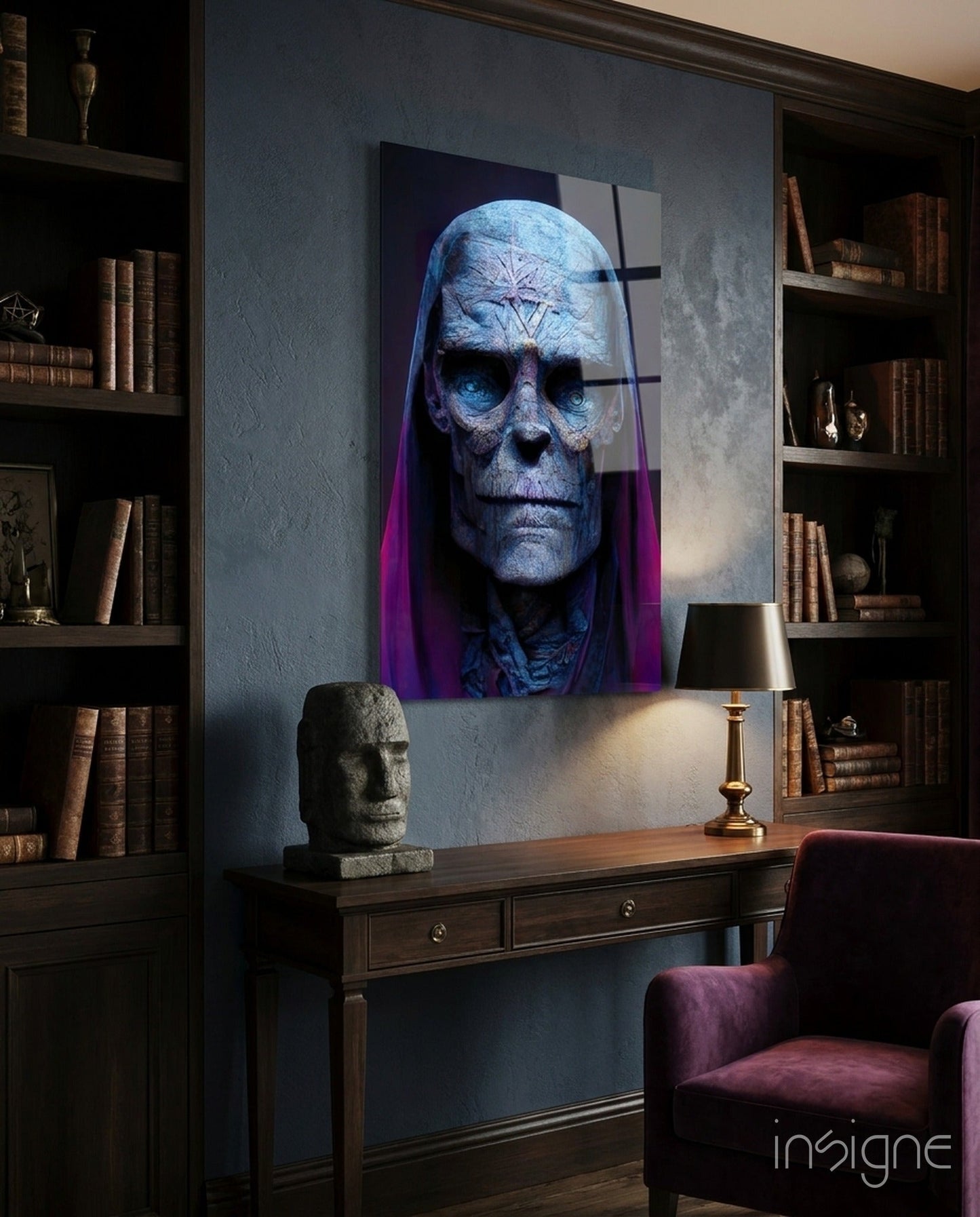 Blue Skull Elder In Magenta Veil Glass Wall Art