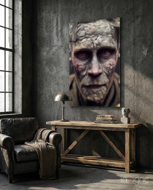 Decayed Glass Art portrait displayed on concrete wall above wooden desk with leather chair and metal lamp.