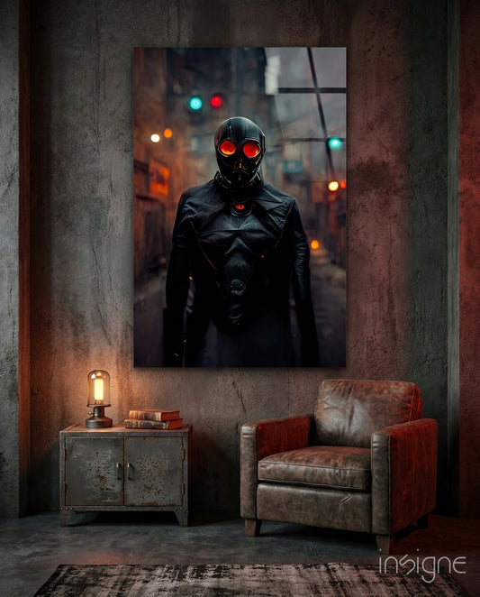 Black Rage glass art print displayed on industrial concrete wall above vintage metal cabinet and leather armchair in moody urban loft setting.