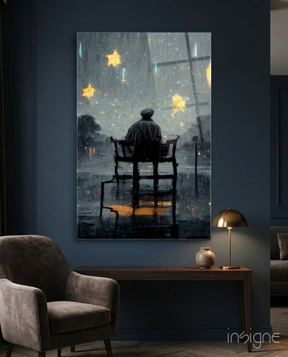 Stormy Sky Golden Stars Lone Chair Glass Wall Art
