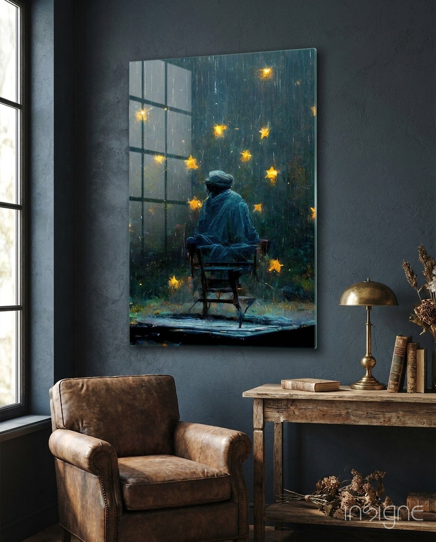 Rainy Night Glowing Stars Seated Man Glass Wall Art