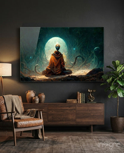 Orange Robed Monk Under Teal Moon Glass Wall Art
