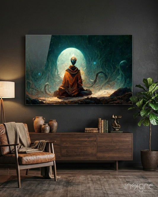 Glass wall art depicting an orange-robed monk sitting in a teal-lit cavern, displayed above a wooden media console in a modern living room.