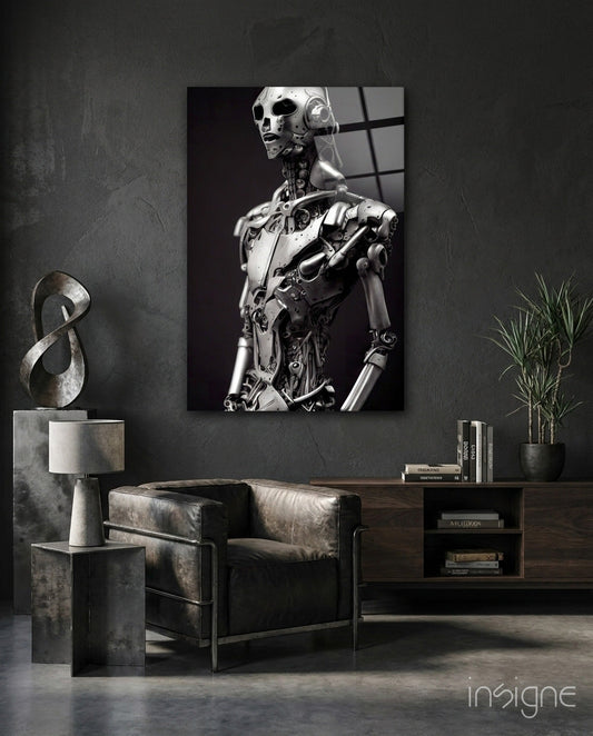 Black and white canvas of mechanical humanoid robot displayed in modern loft interior with leather chair and wooden shelving.