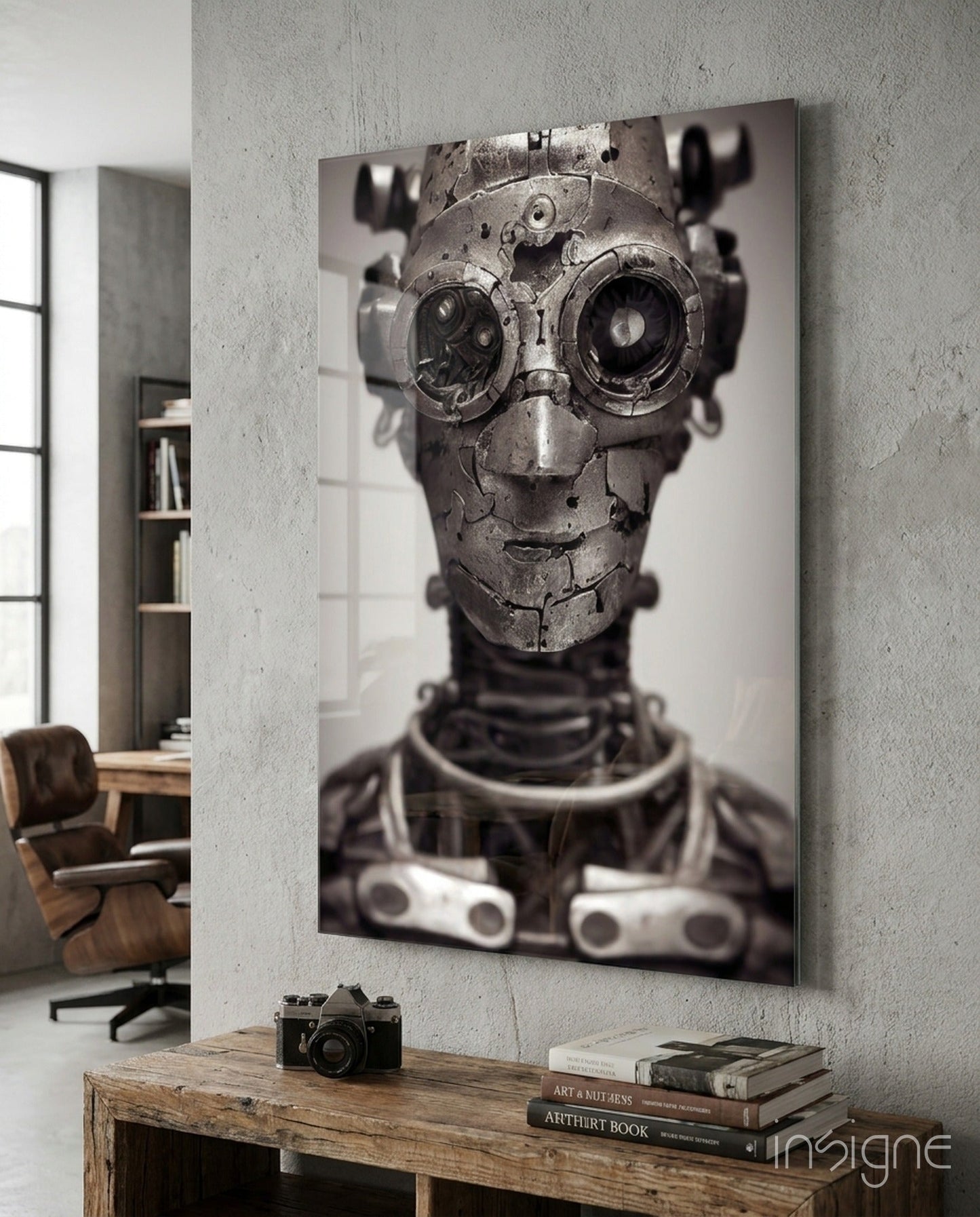 Industrial robot head with mechanical eyes mounted on concrete wall above wooden desk with vintage camera and art books.