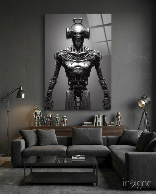 Black and white metal robotic humanoid figure displayed above gray sofa in modern living room interior.