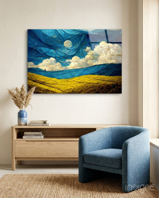 Dancing Sky glass art mounted on beige wall above wooden console table and blue armchair in modern interior setting.